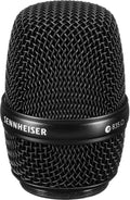Close-up of a black metal microphone grill with SENNHEISER and e 835 text on a band around it.