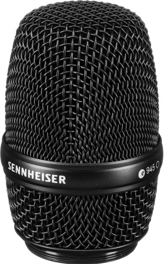 Close-up front view of a black Sennheiser microphone grille with metal mesh and branding ring.