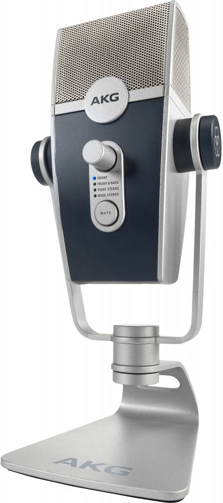 Silver and black AKG microphone on a stand with mode selection knob and mute button.