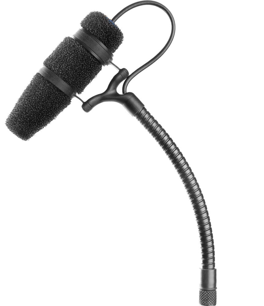 Black flexible microphone with foam windscreen and a mount hinge on a white background.