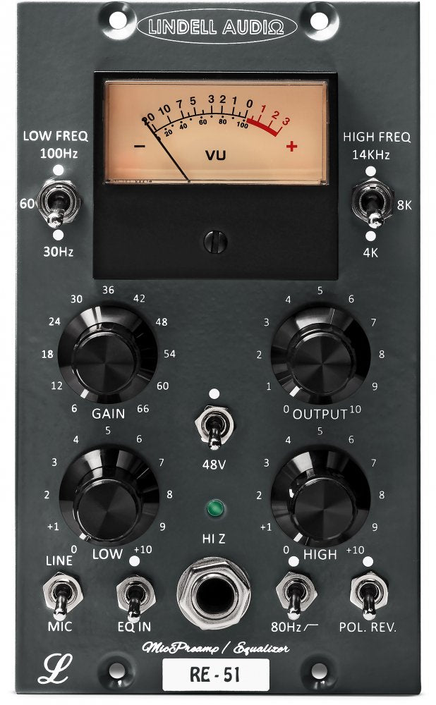 Front panel of a LinDell audio device with knobs, toggle switches, VU meter, and a 1/4 inch input jack.