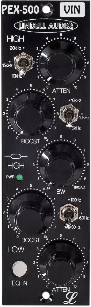 Front panel of a black audio processing unit with knobs, toggles, and labeled frequency controls.