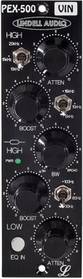 Front panel of a black audio processing unit with knobs, toggles, and labeled frequency controls.