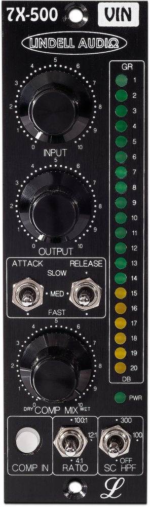 Front panel of a black audio processor module with knobs, switches, LED meter, and push button.