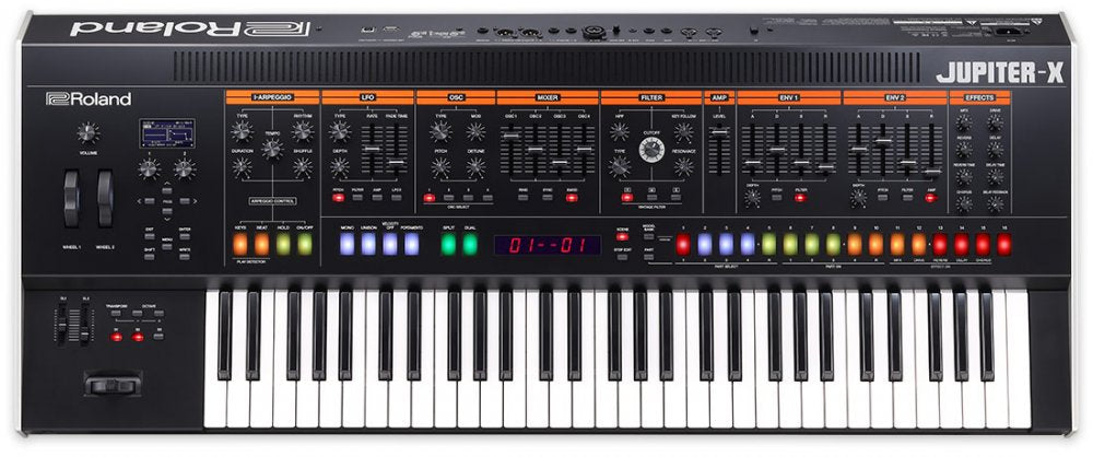 Black keyboard synthesizer with labeled control sections, knobs, sliders, buttons, and a digital display.