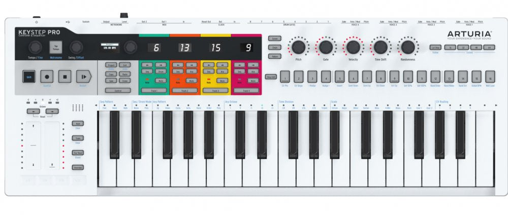 White MIDI controller keyboard with colorful pads, knobs, sliders, and buttons labeled Arturia Keystep Pro.
