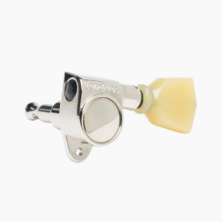 Single silver guitar tuning machine with cream plastic tuning button and TonePros branding.
