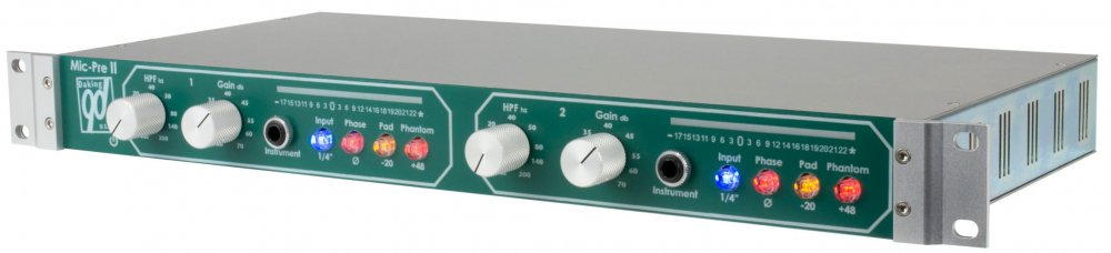 Front view of a DAKING Mic-Pre II dual channel preamp with knobs, 1/4 inch inputs, and LED indicators.
