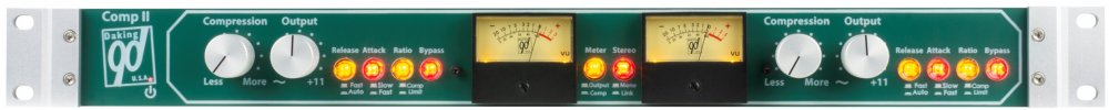 Front panel of a Daking Comp II audio processor with knobs, switches, and dual VU meters visible.