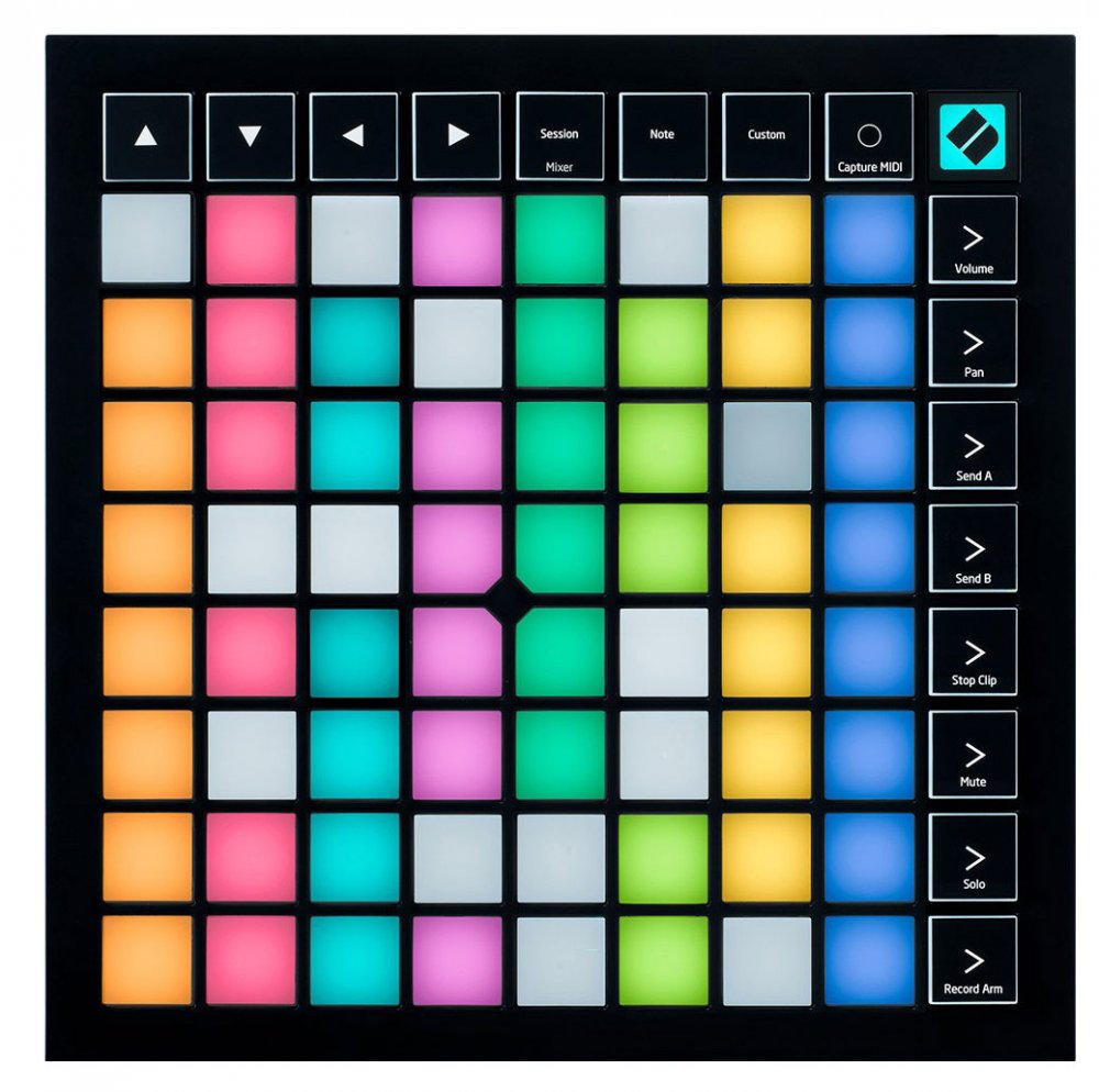 Top view of a black MIDI controller grid with colorful illuminated square pads and labeled function buttons on the right side.