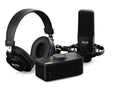 Black over-ear headphones, an audio interface, and a condenser microphone with shock mount on a white background.