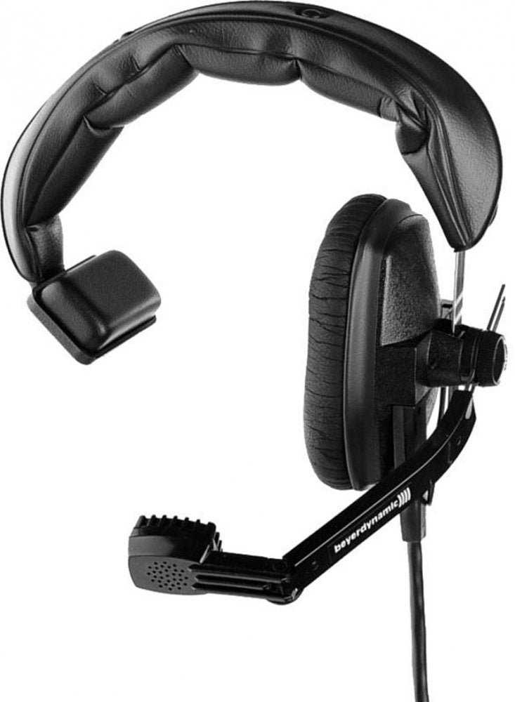 Black over-ear headphones with an attached adjustable microphone and cushioned headband.