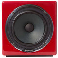 Front view of a red AVANTONE studio monitor speaker with a large black speaker cone and silver trim.