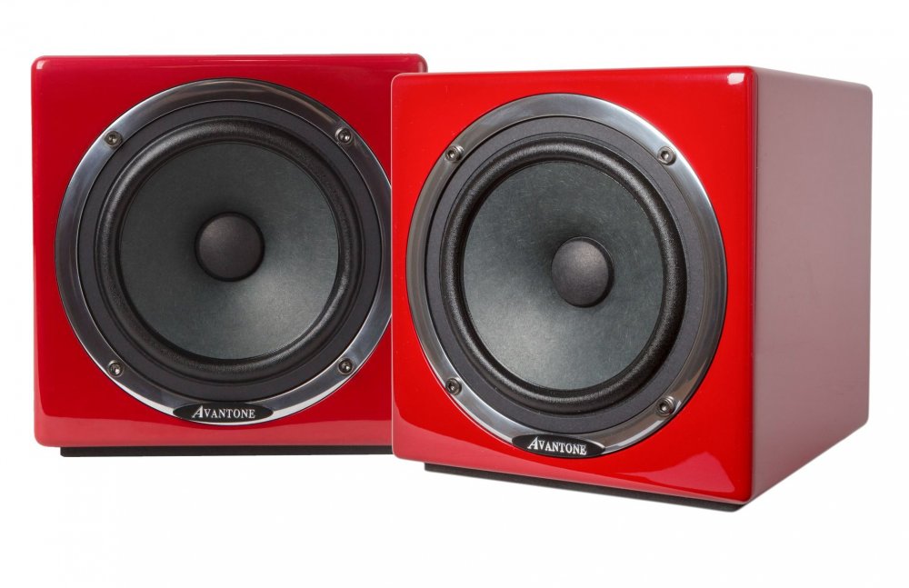 Two red square studio speakers with black cones and silver rings on the front, labeled Avantone.