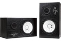 Pair of black studio monitor speakers with white cones, one shown horizontally and the other vertically.