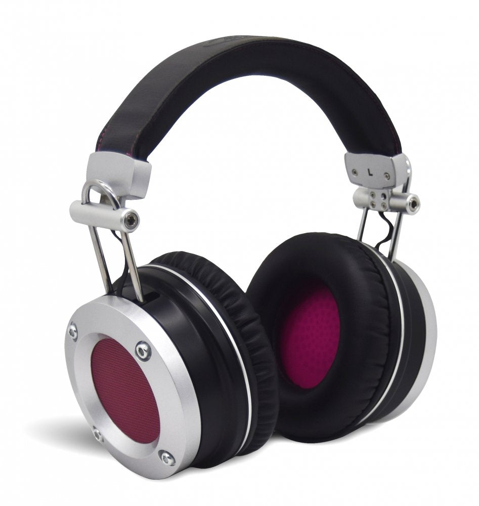 Black and silver over-ear headphones with pink inner ear pads and padded headband.