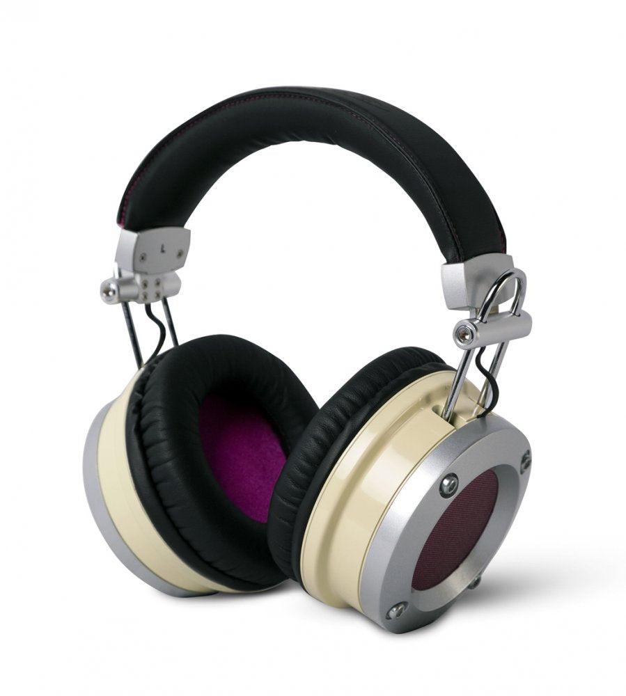 Over-ear headphones with black padded headband, cream-colored ear cups, and purple fabric inside ear cushions.