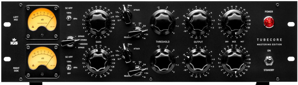 Front panel of a black audio processing unit with meters, knobs, toggle switches, and a red power button.