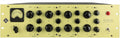 Front panel of a yellow analog studio reverb unit with multiple knobs, a VU meter, and toggle switches.