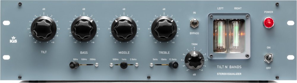 Front panel of a stereo equalizer with rotary knobs, two glowing tubes, toggle switches, and a power indicator light.