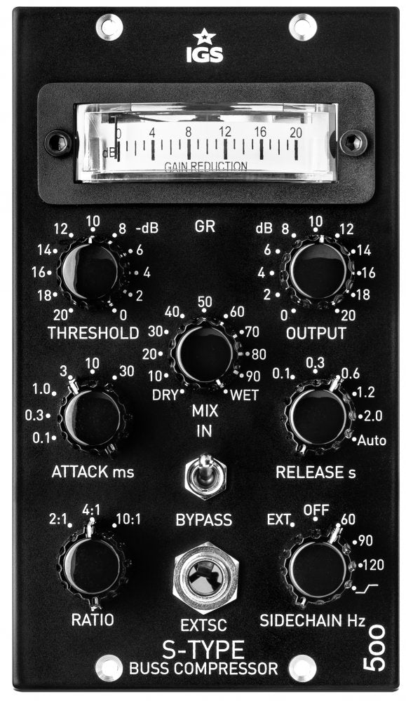 Black audio compressor unit labeled S-Type Buss Compressor with knobs, toggle switch, and gain reduction meter.