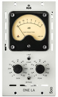 Front panel of an audio device with a large gain reduction meter, two knobs, and two toggle switches.
