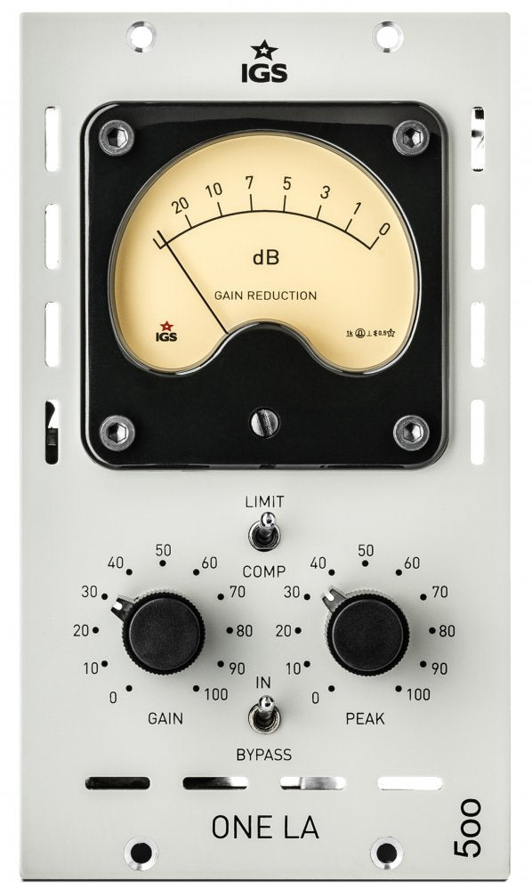 Front panel of an audio device with a large gain reduction meter, two knobs, and two toggle switches.