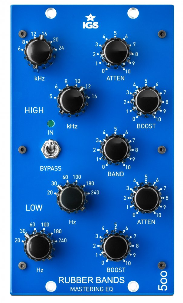 Blue audio equalizer panel with black knobs and a toggle switch labeled Rubber Bands Mastering EQ by IGS.