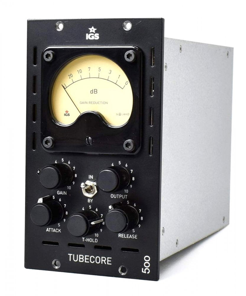 Black and silver audio processing unit with meter, five rotary knobs, and a toggle switch on the front panel.