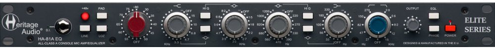 Front panel of a black Heritage Audio HA-81A EQ preamp with knobs, switches, and a headphone jack.