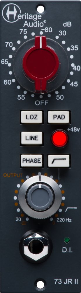 Front panel of a Heritage Audio 73 JR II with knobs, buttons, a jack, and indicator light.