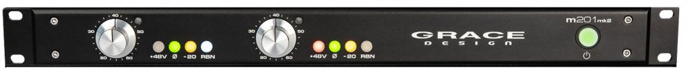 Front rack panel of a Grace Design m201 mk2 with knobs, indicator lights, and a power button.