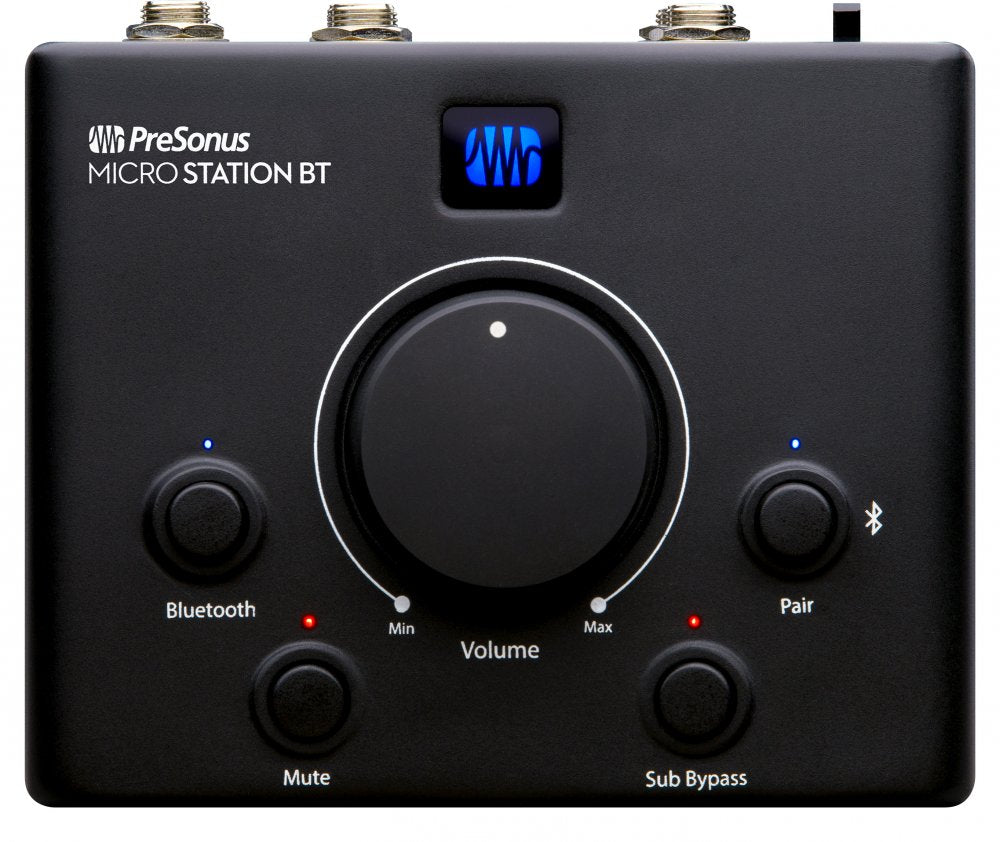 Black audio monitor controller with a central volume knob and four smaller buttons labeled Bluetooth, Mute, Pair, and Sub Bypass.