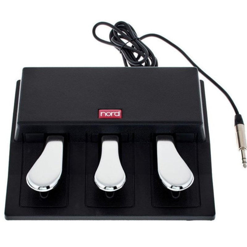 Black pedal unit with three silver foot pedals and a 1/4 inch TS plug cable, branded Nord.