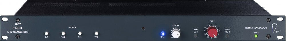 Front panel of a 16x2 summing mixer with multiple buttons, two knobs, and indicator lights including power and signal.