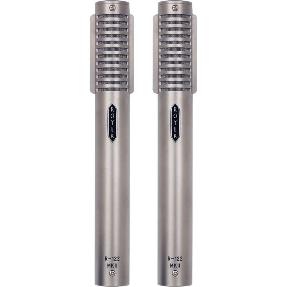 Front view of two silver ROYER R-122 MKII microphones shown side by side.
