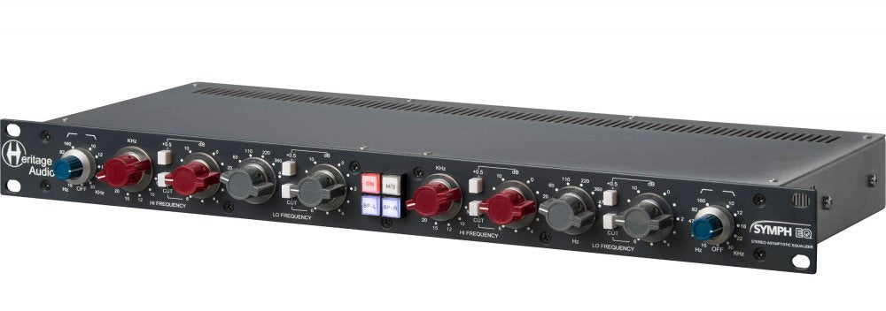 Front panel of a black Heritage Audio Symph EQ stereo asymmetric equalizer with multiple colored knobs and buttons.