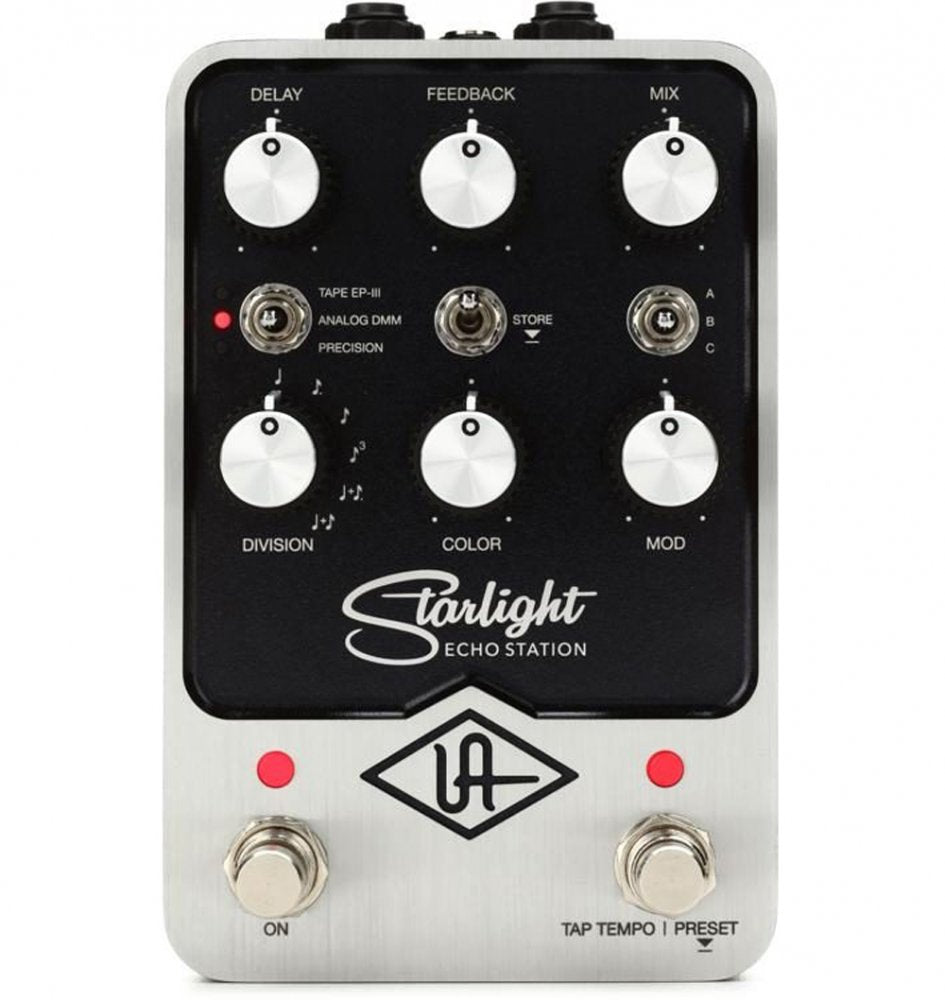 Silver and black guitar effects pedal with six control knobs, three toggle switches, and two footswitches with red LEDs.
