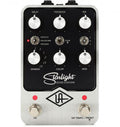 Silver and black guitar effects pedal with six control knobs, three toggle switches, and two footswitches with red LEDs.