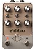 A gold and silver audio effects pedal with multiple knobs, toggle switches, and two footswitches labeled On and Preset.