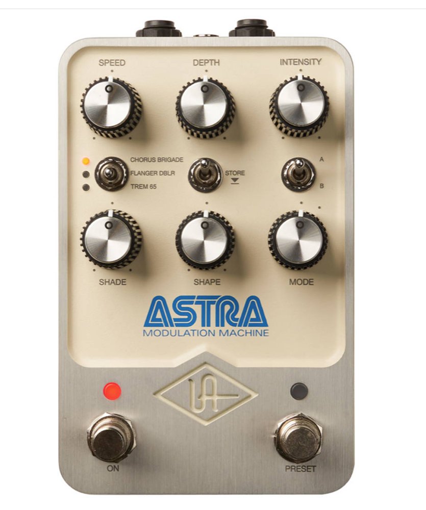 A beige and silver modulation pedal with six knobs, three toggle switches, and two footswitches labeled On and Preset.