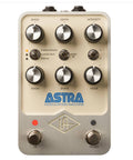 A beige and silver modulation pedal with six knobs, three toggle switches, and two footswitches labeled On and Preset.