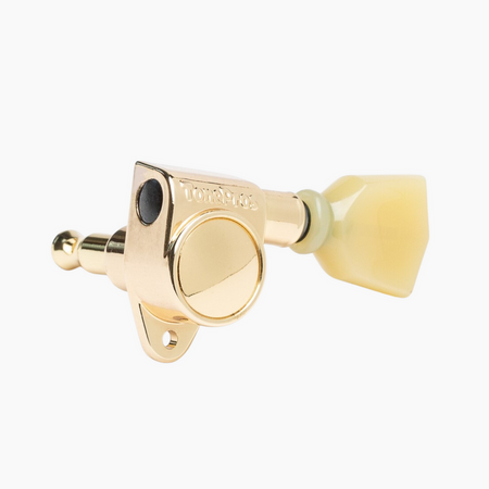 Single gold guitar tuner with cream plastic rotary knob and mounting holes, labeled TonePros.