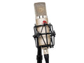 Beige condenser microphone with silver grille in black shock mount attached to microphone stand with XLR cable connected