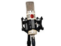 Cream-colored Mojave microphone with shock mount and XLR cable on a stand against a white background.