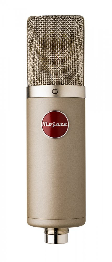 Front view of a gold Mojave microphone with a red logo and a female XLR-style connector at the bottom.
