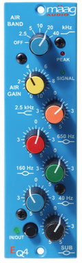 Blue audio processor panel with multiple colored control knobs and indicator lights labeled AIR BAND, AIR GAIN, and SUB.