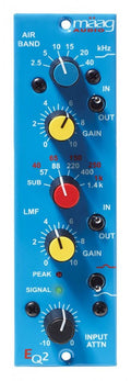 Blue audio processor panel with multiple knobs, toggle switches, and LED indicators labeled for gain, frequency, and input attenuation.