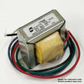 Metal transformer with multiple color-coded insulated wire leads and a white label showing model 1750B and specifications.