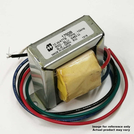 Metal transformer with multiple color-coded insulated wire leads and a white label showing model 1750B and specifications.